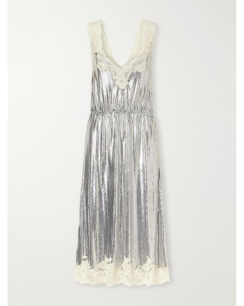 Rabanne White Lace-Trimmed Chainmail Midi Dress