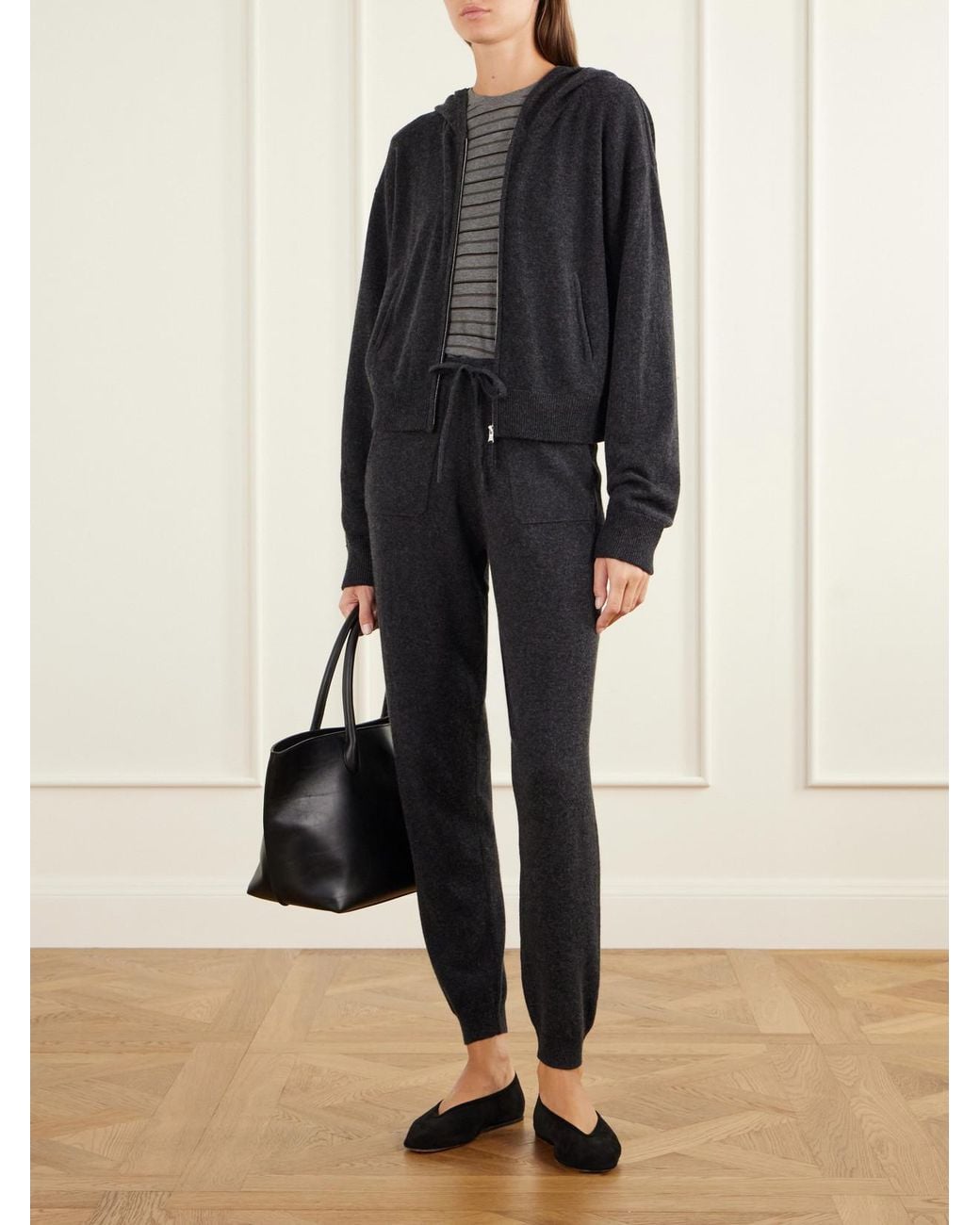 Allude Black Wool And Cashmere-Blend Hooded Zip-Up Cardigan And Tapered Pants Set