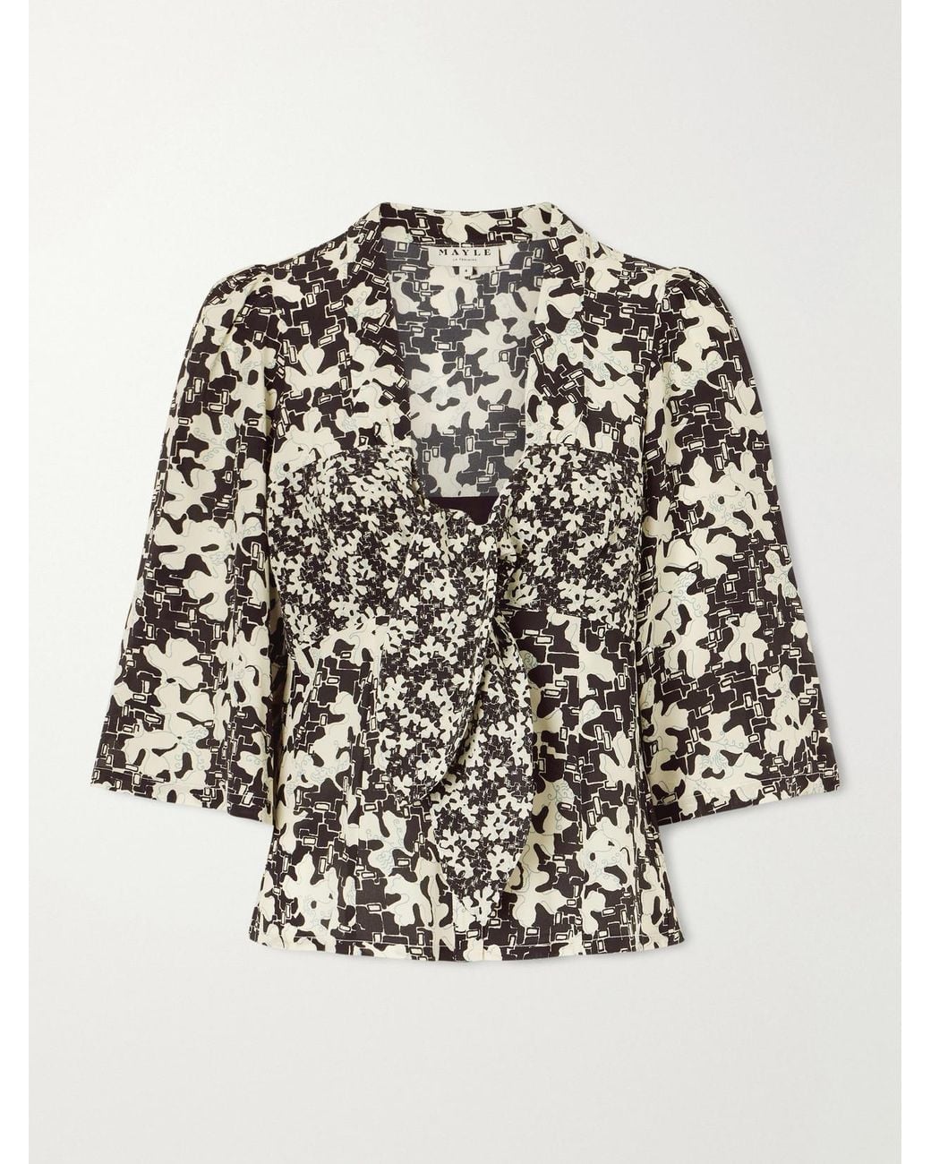 Maison Mayle Black Kazu Floral-Print Silk Top