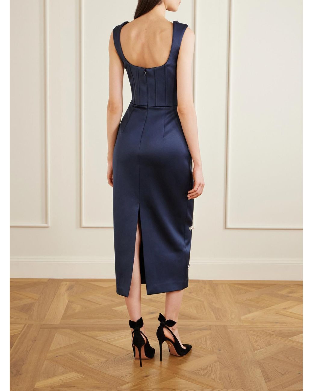 Rebecca Vallance Blue Ayla Embellished Satin Midi Dress