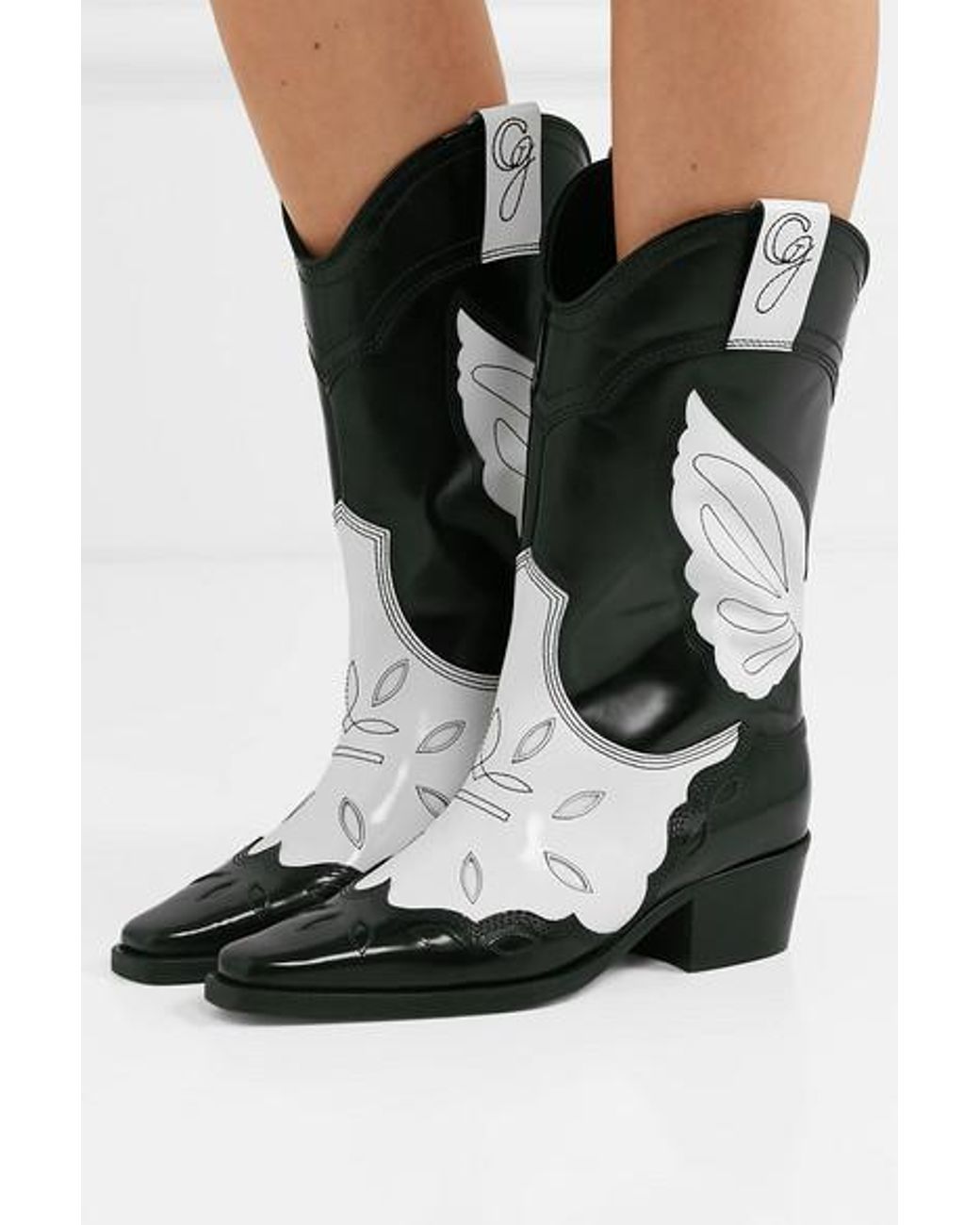 Ganni High Texas Boots In Black And White Patent Calfskin | Lyst