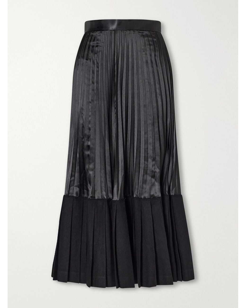 Junya Watanabe Black Layered Pleated Wool-Blend Flannel And Satin Maxi Skirt
