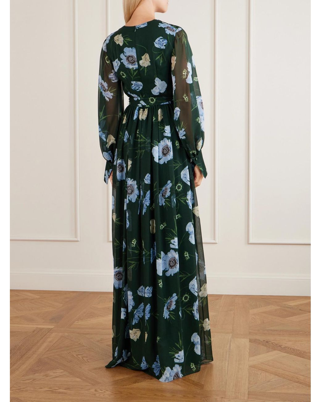 Erdem Green Floral-Printed Silk-Voile Gown