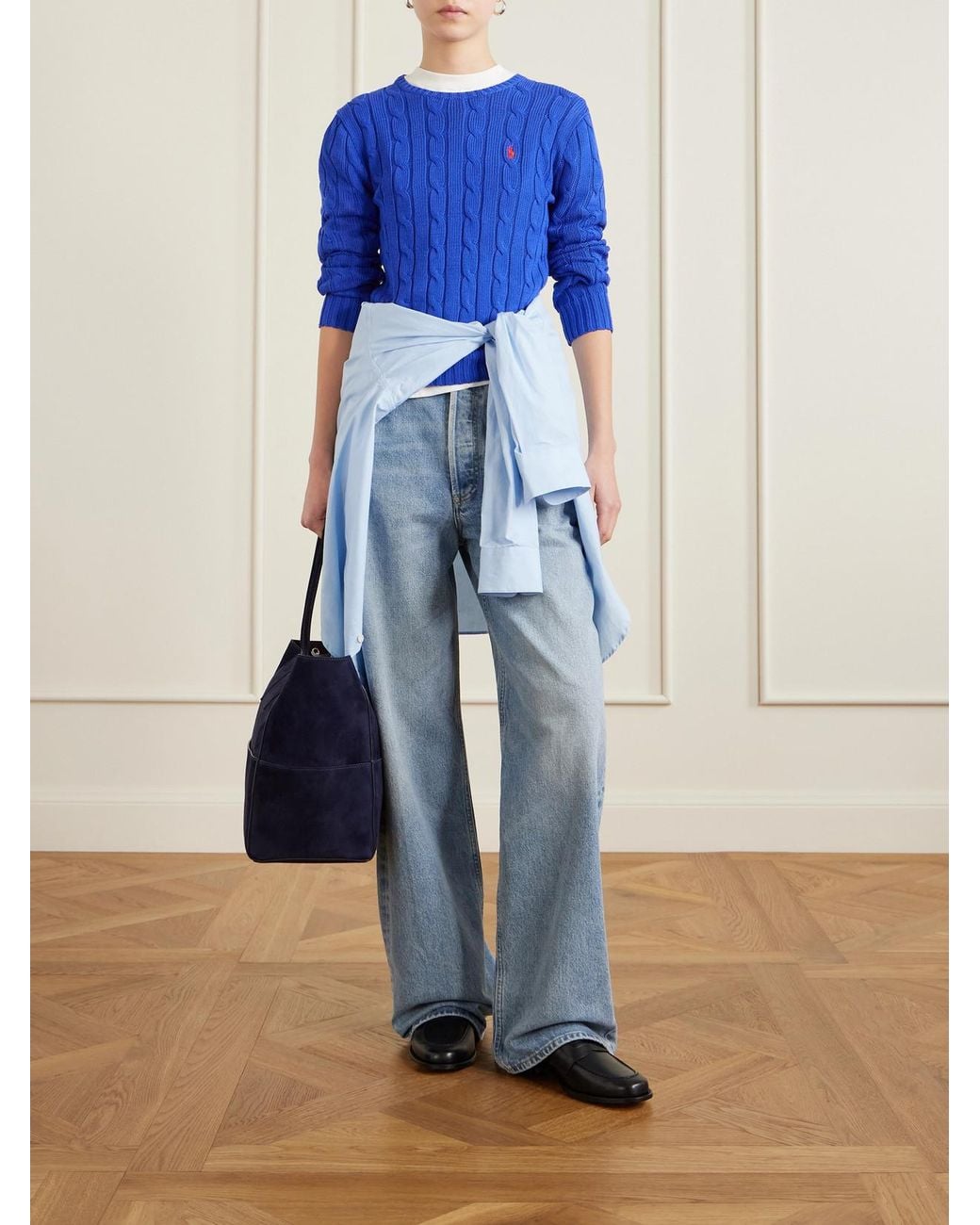 Polo Ralph Lauren Blue Embroidered Cable-Knit Cotton Sweater