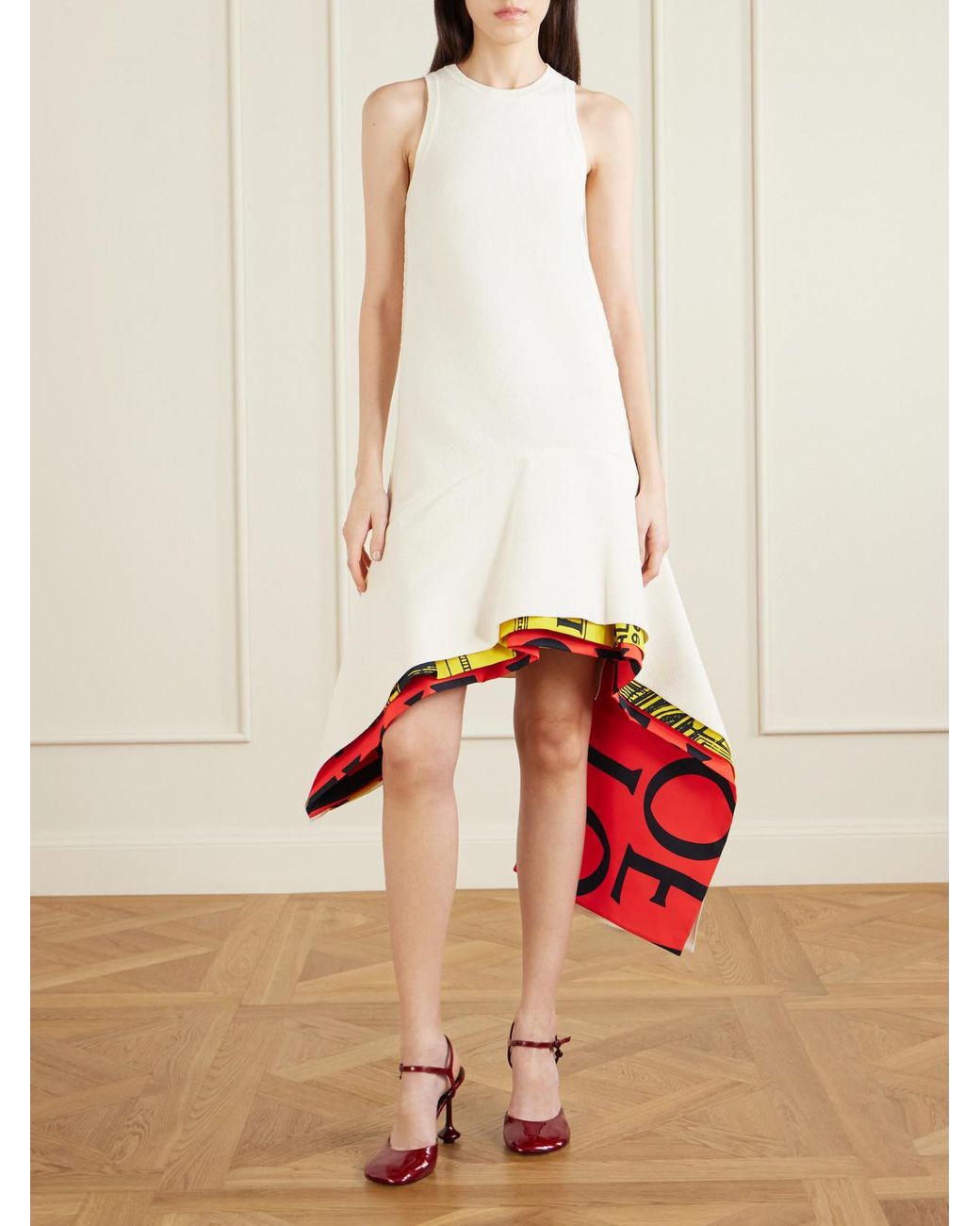 Loewe White Asymmetrical Layered Woven Midi Dress