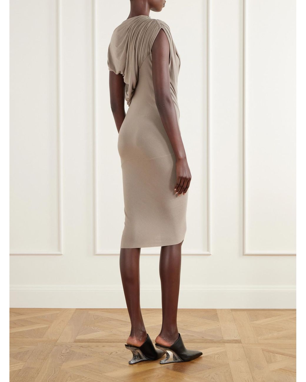 Rick Owens Natural Ares Asymmetric Draped Gathered Stretch-Jersey Mini Dress