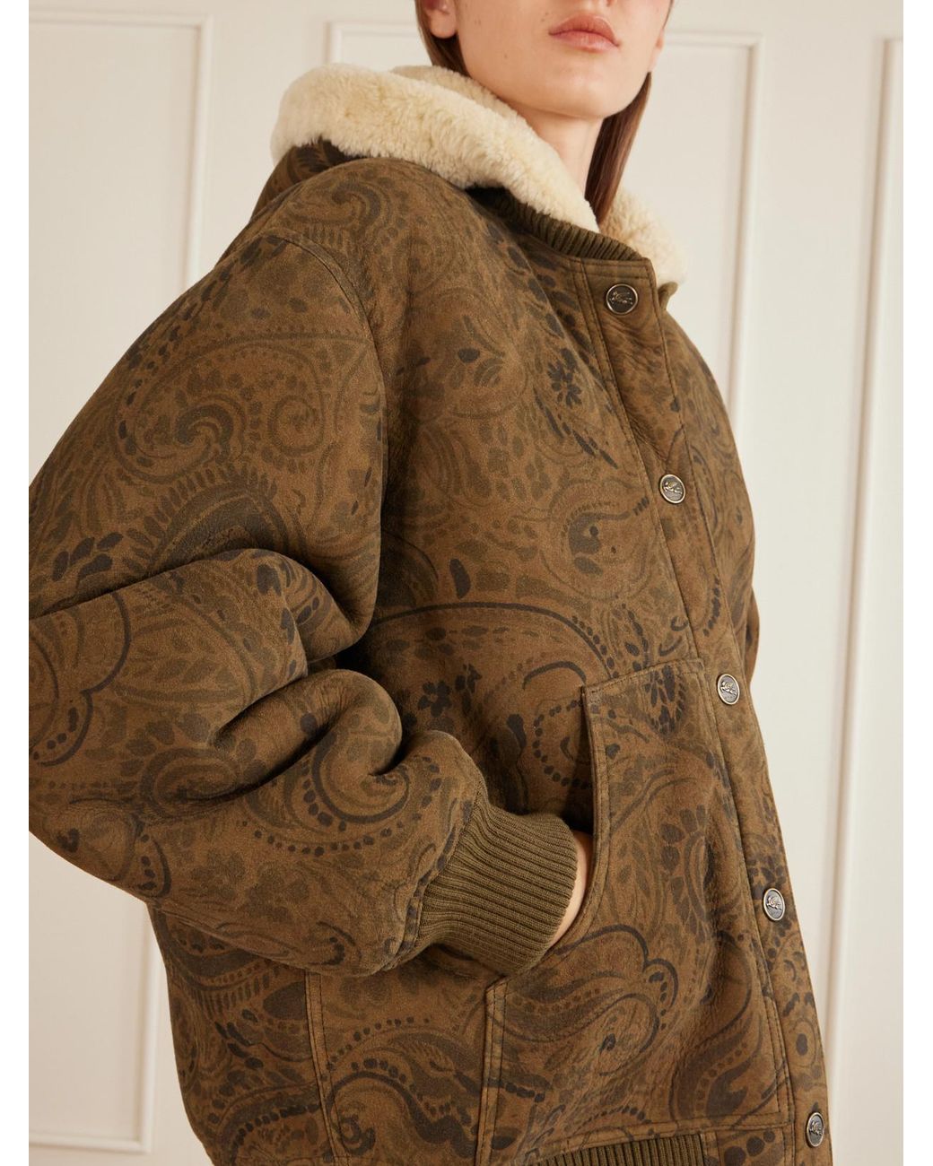 Etro Brown Printed Suede Shearling Jacket
