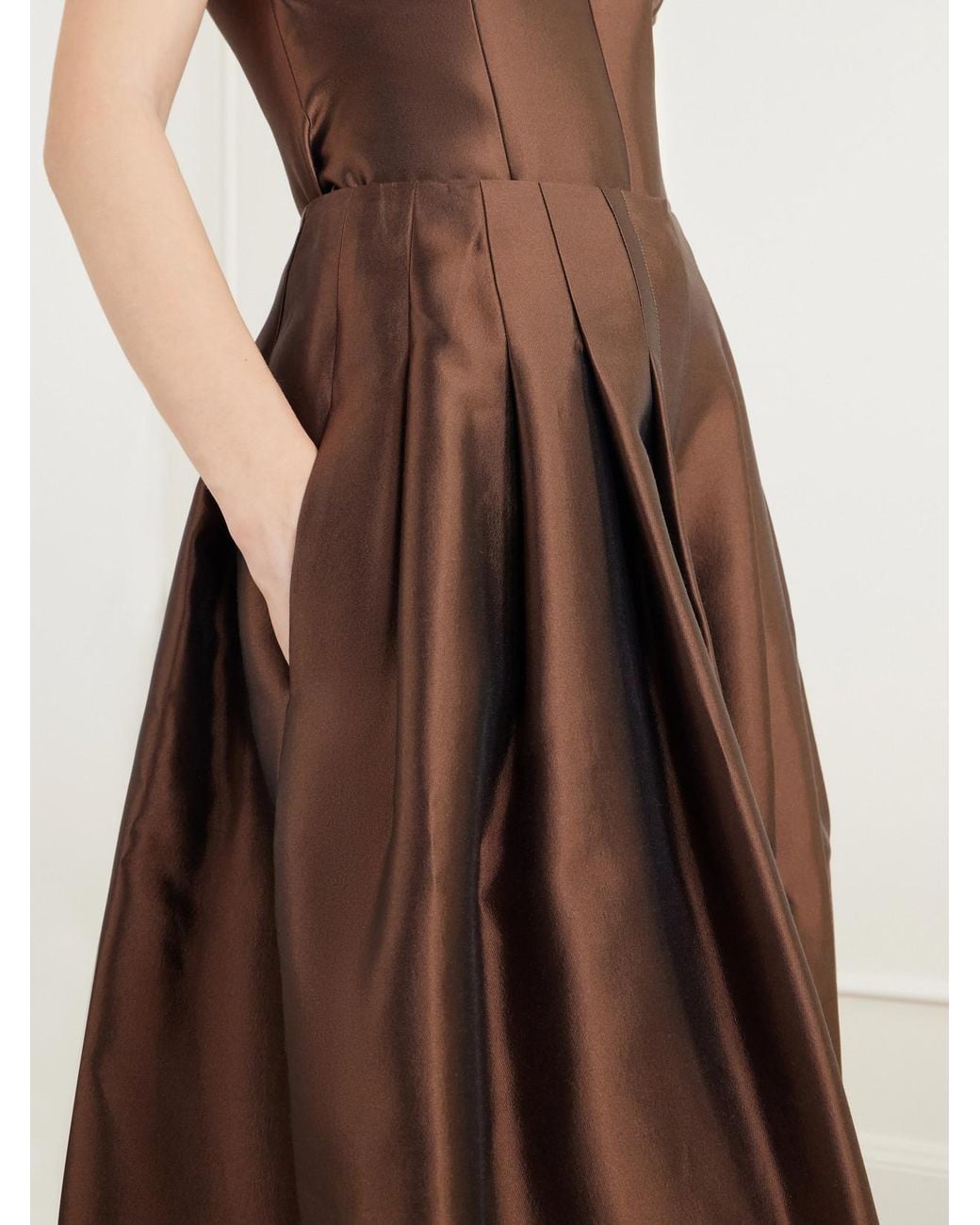 Christopher John Rogers Brown Pleated Silk And Wool-Blend Satin Wide-Leg Pants