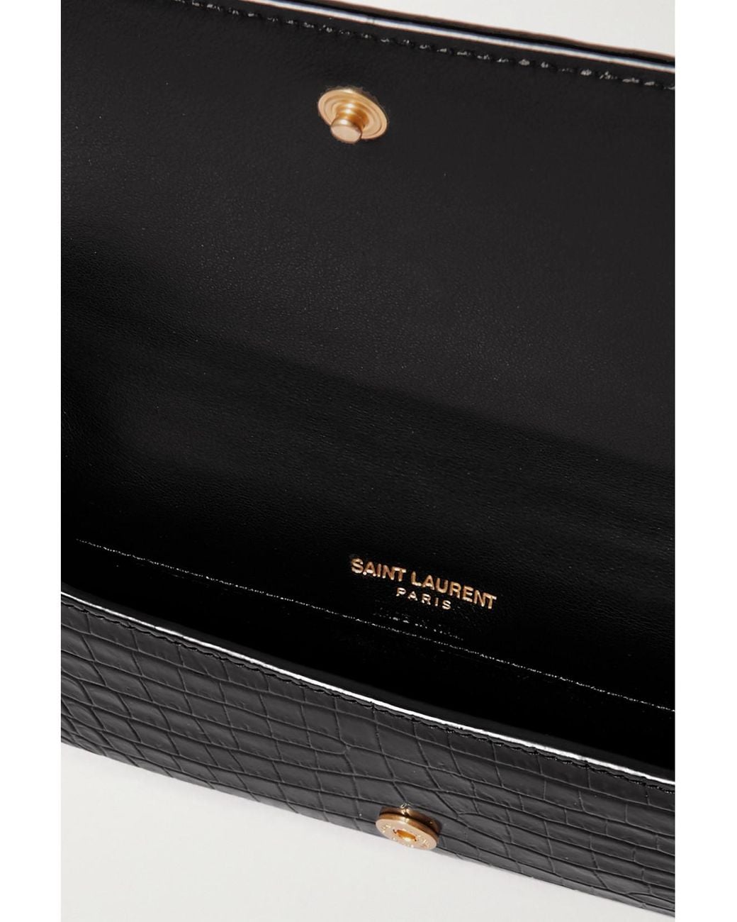 Saint Laurent Black Cassandre Strap Glossed Croc-Effect Leather Phone Case