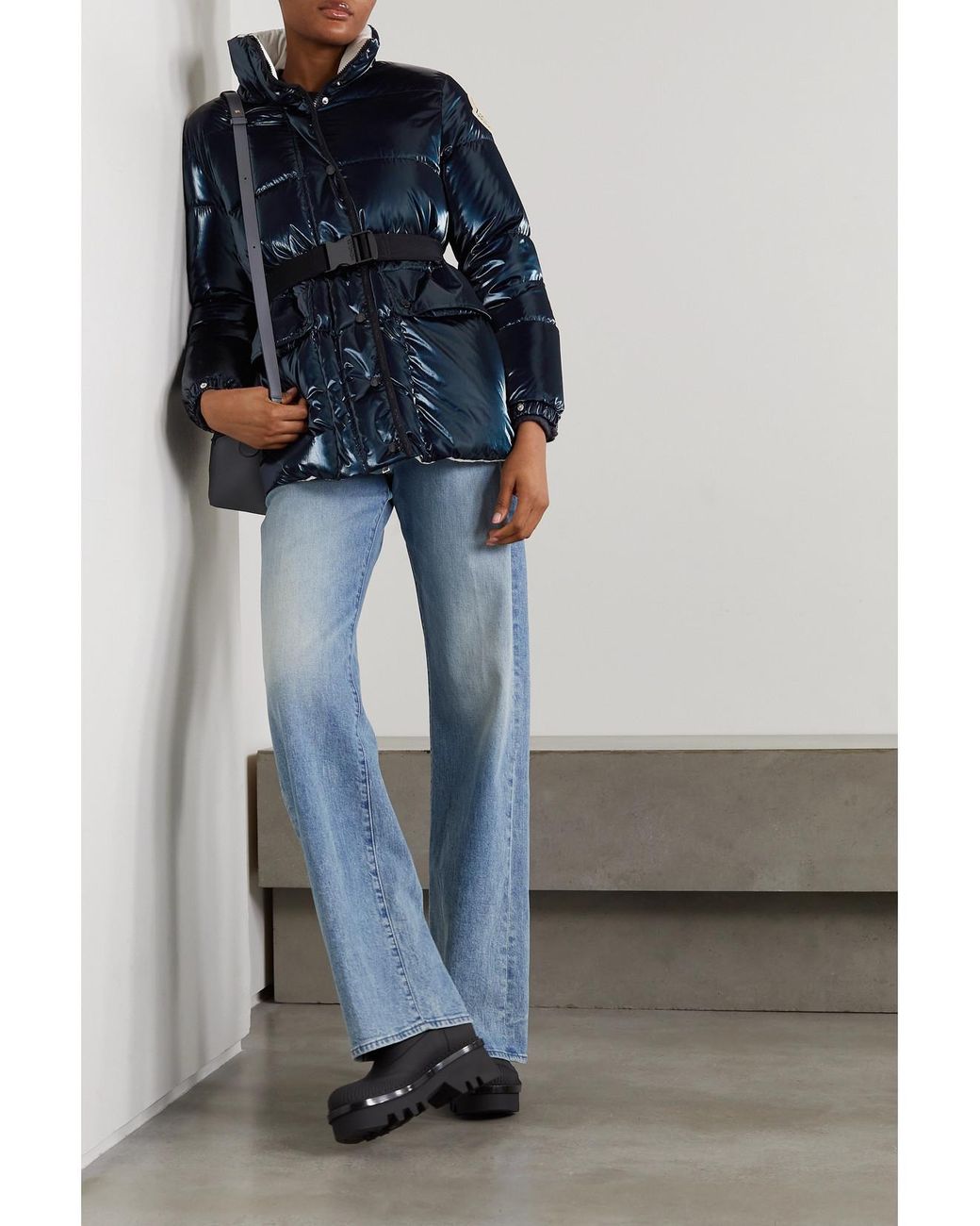 Moncler Blue Herault Hooded Quilted Padded Glossed-Shell Down Coat