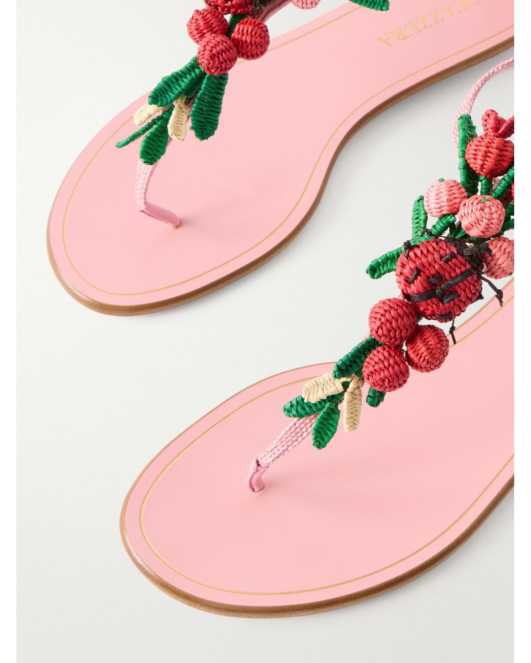 Aquazzura Pink Botanica Embellished Leather And Raffia Thong Sandals