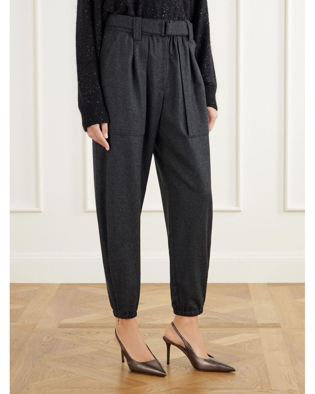 Brunello Cucinelli Blue Belted Felted Wool And Cashmere-Blend Tapered Pants