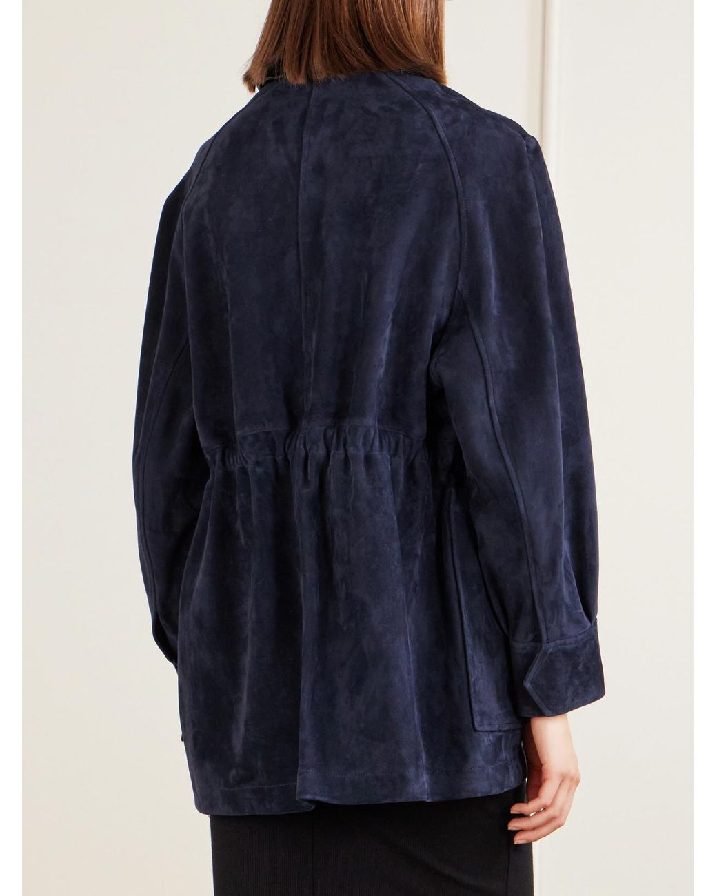 Nour Hammour Blue Grange Gathered Leather-Trimmed Suede Jacket