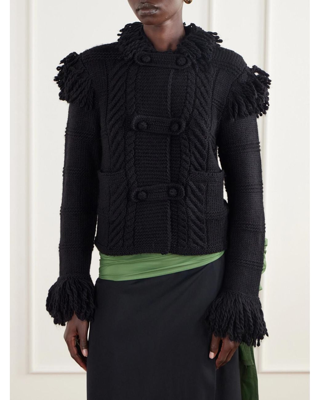 Polo Ralph Lauren Black Fringed Cable-Knit Wool Cardigan