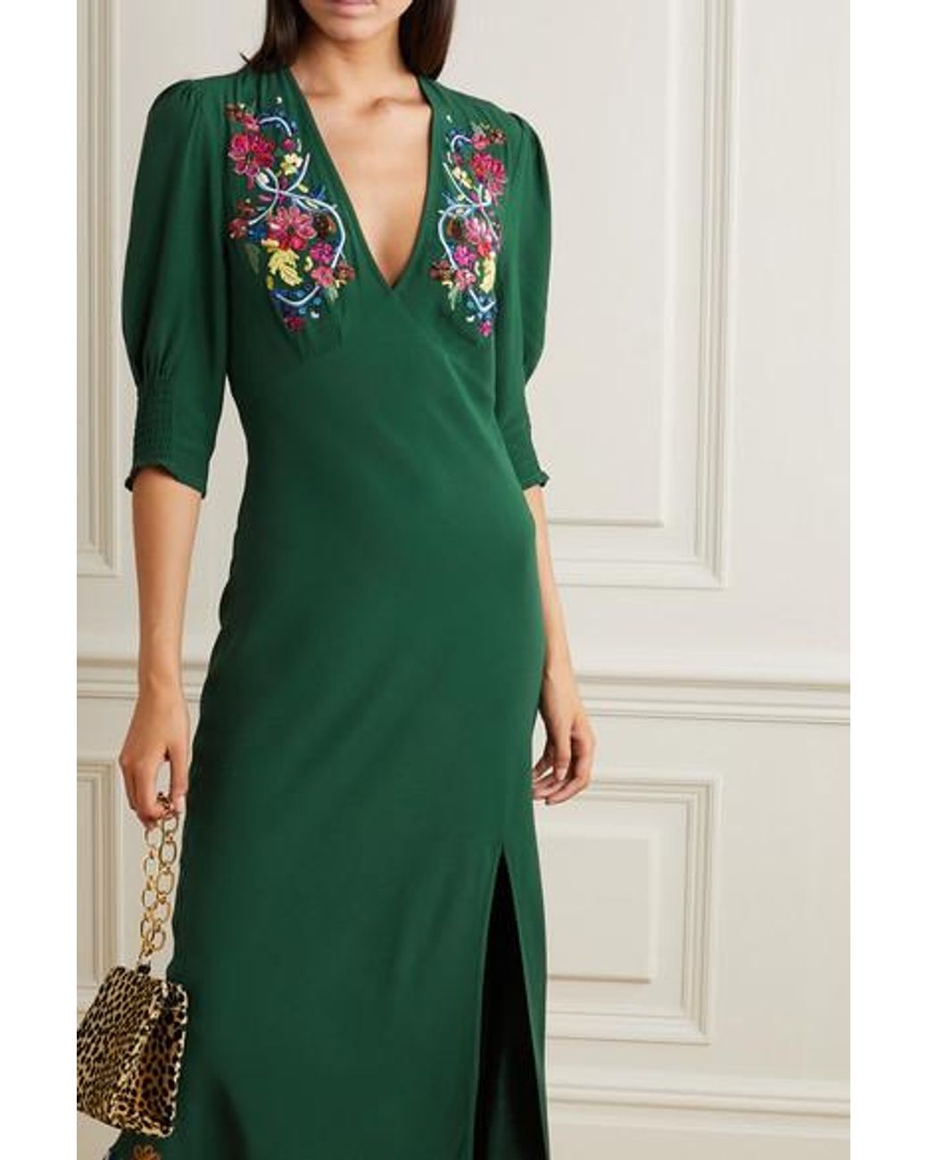 RIXO London Carmen Embellished Embroidered Crepe Midi Dress in Green | Lyst