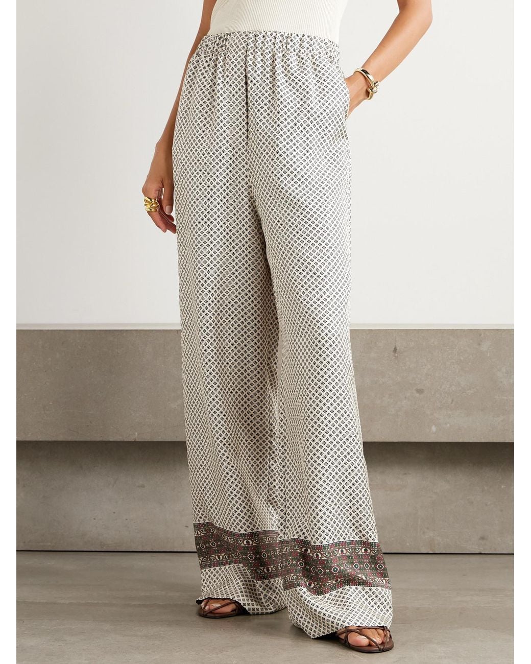 Loro Piana White Valerio Printed Silk-Twill Wide-Leg Pants