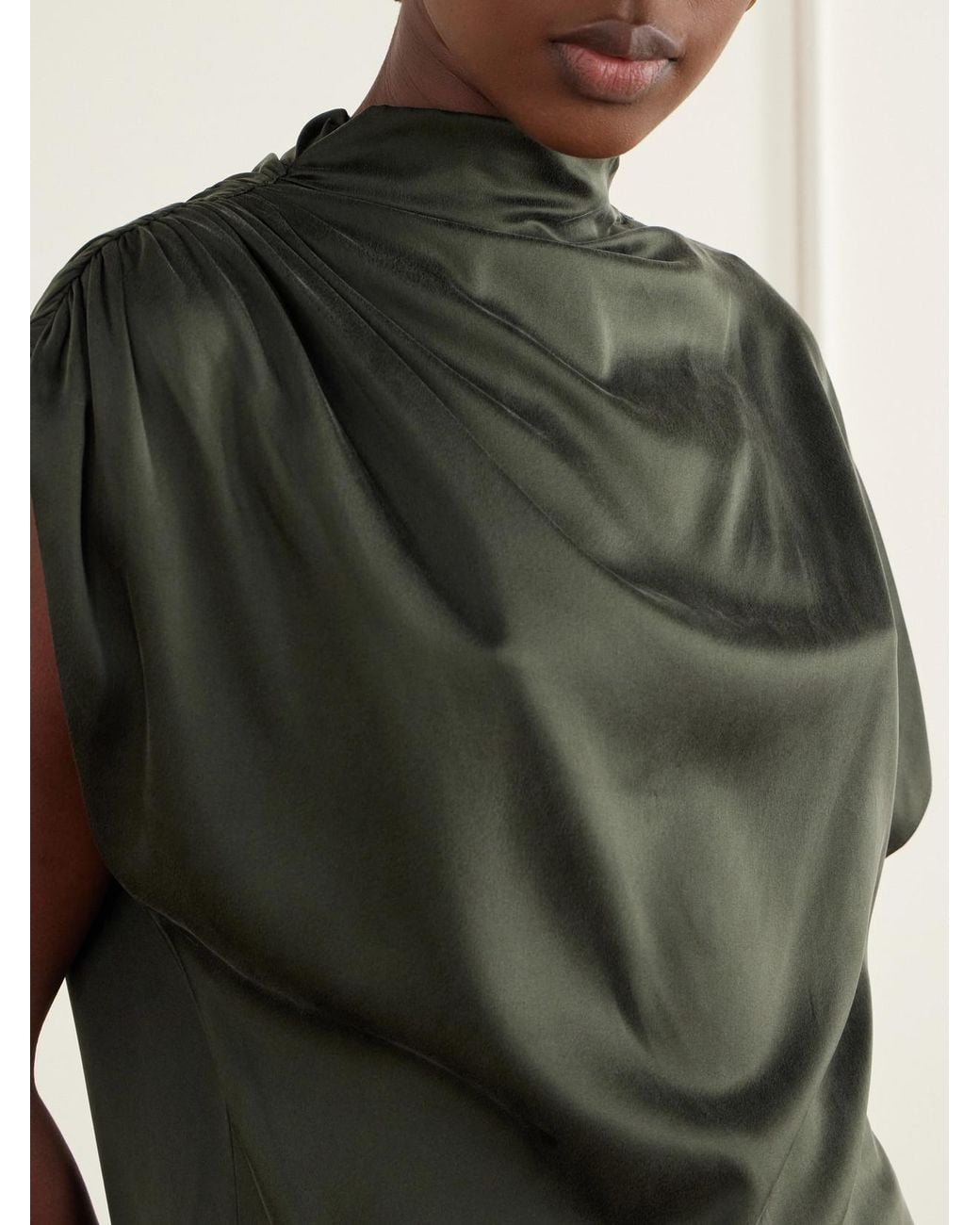 Twp Green Wish You Would Asymmetric Draped Silk-Blend Charmeuse Blouse
