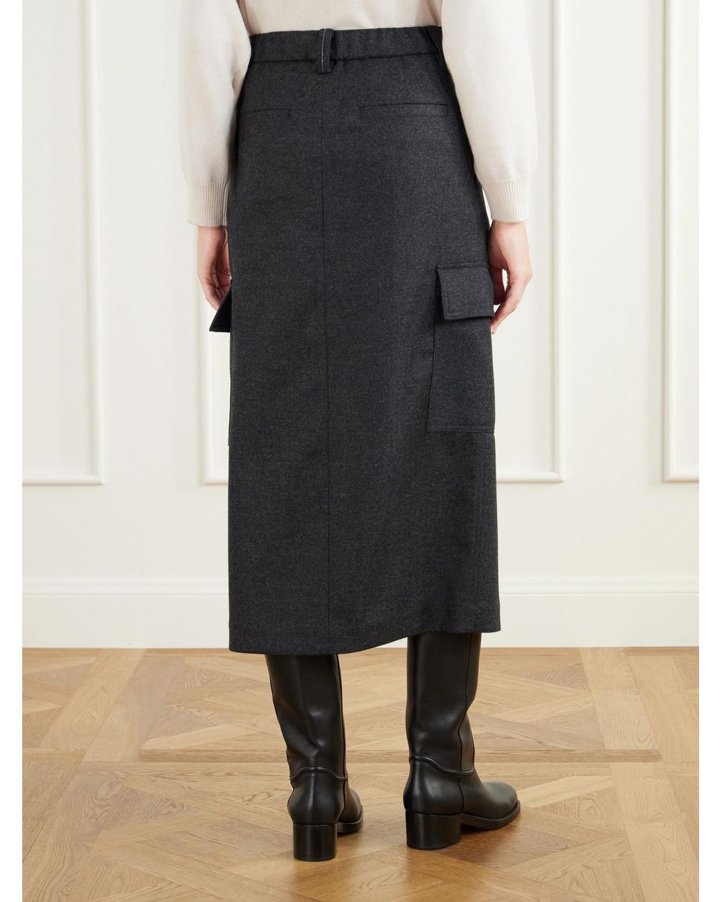 Brunello Cucinelli Black Pleated Wool And Cashmere-Blend Twill Midi Skirt