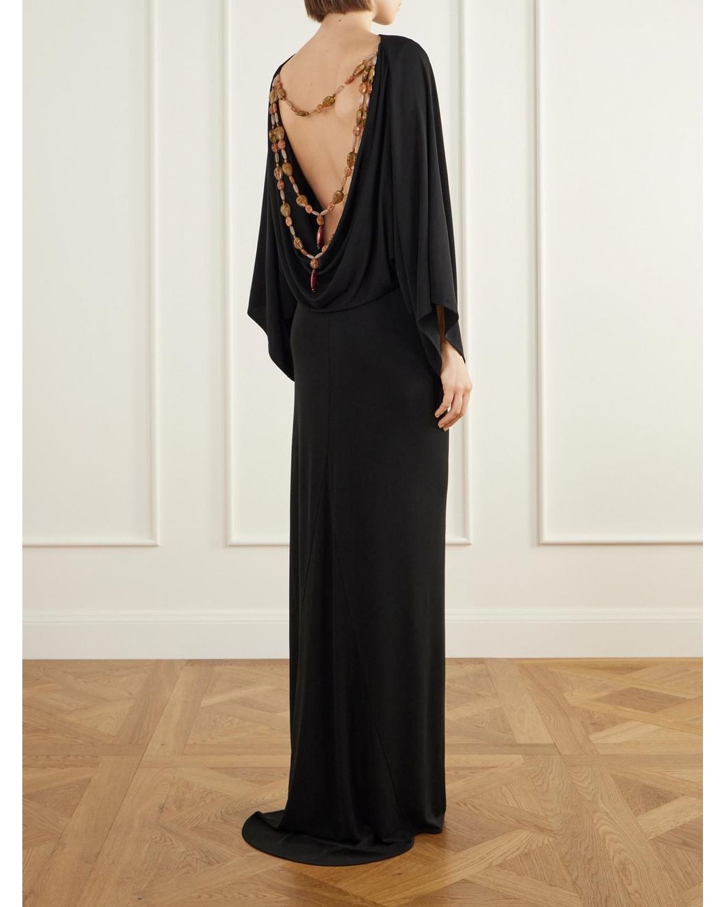 Cult Gaia Black Pallana Bead-Embellished Open-Back Stretch-Jersey Maxi Dress