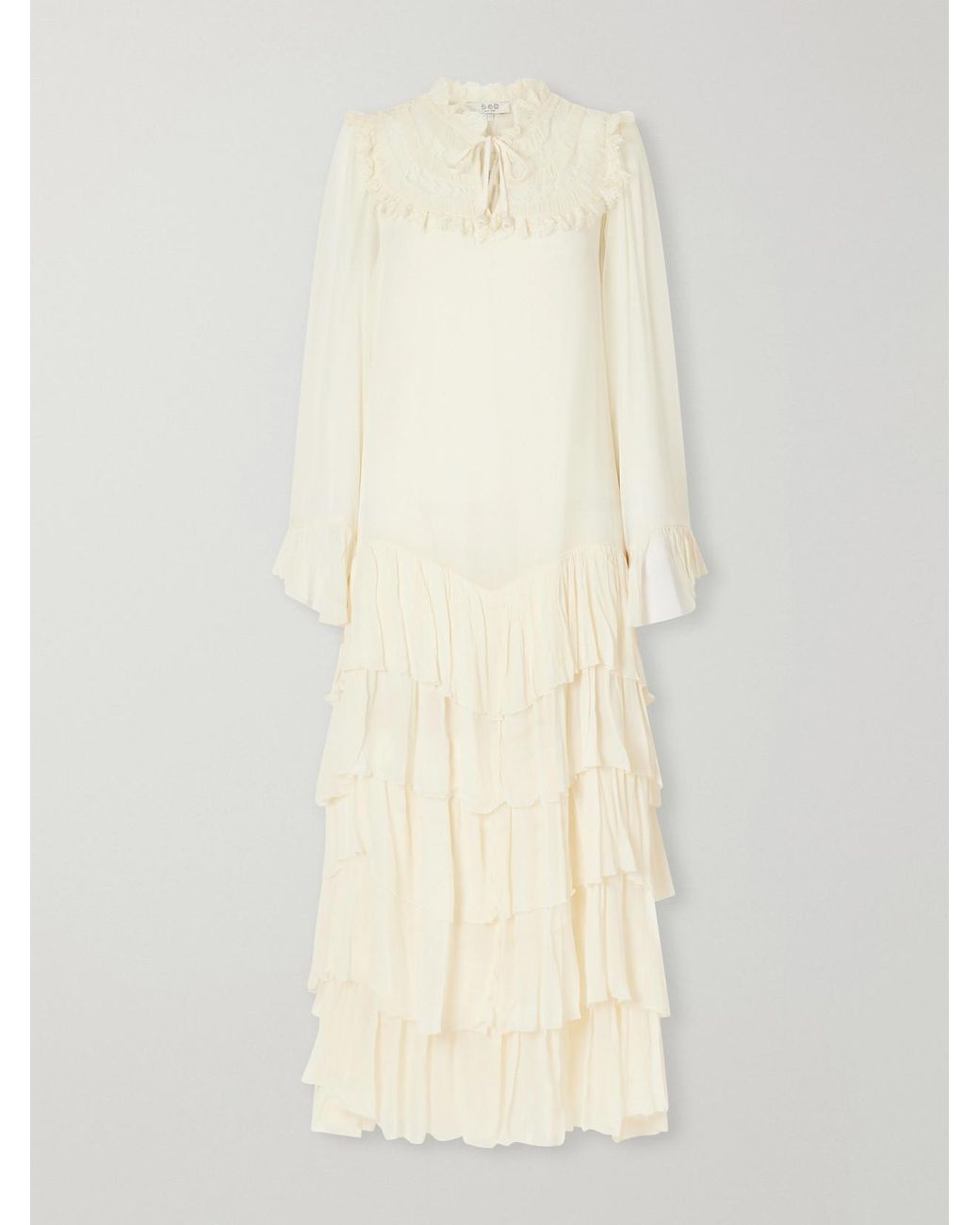 Sea White Margaret Ruffled Tiered Lace-Trimmed Chiffon Maxi Dress