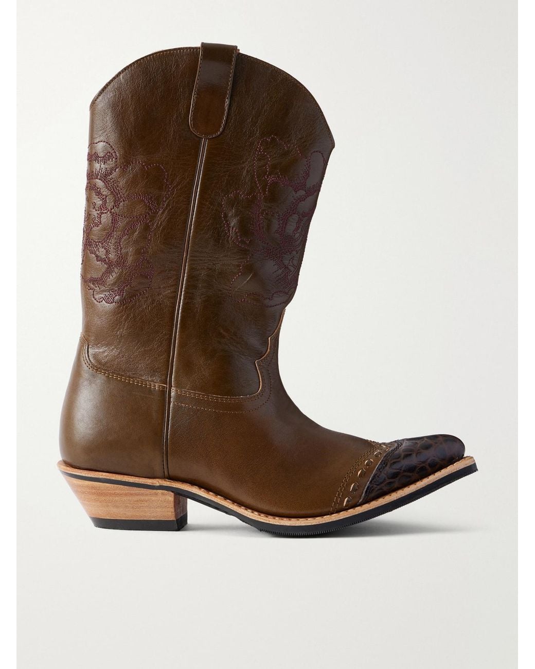 Our Legacy Brown Floral Consultant Croc-Effect Trimmed Leather Ankle Boots