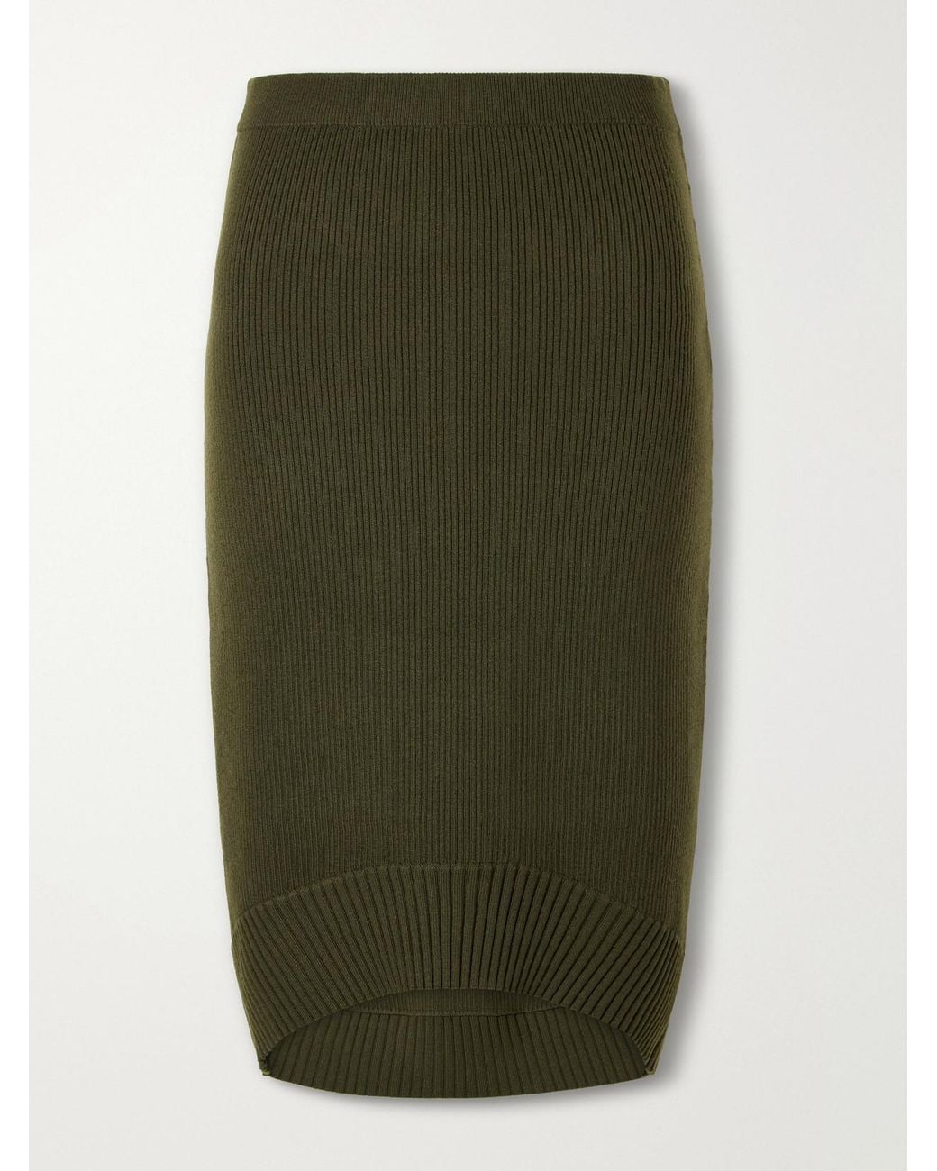Victoria Beckham Green Ribbed Wool-Blend Midi Skirt
