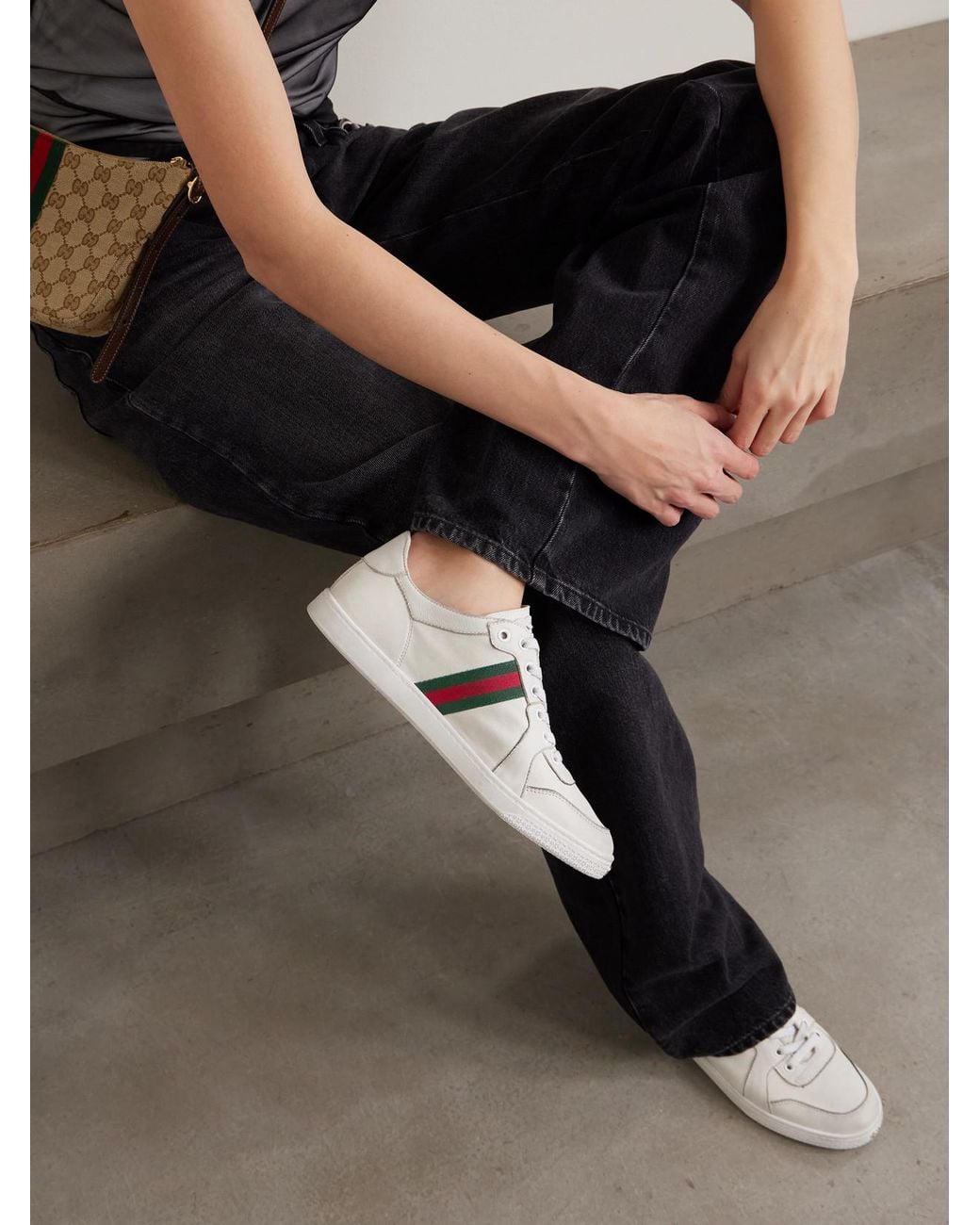 Gucci White Stretch Distressed Webbing-Trimmed Leather Sneakers