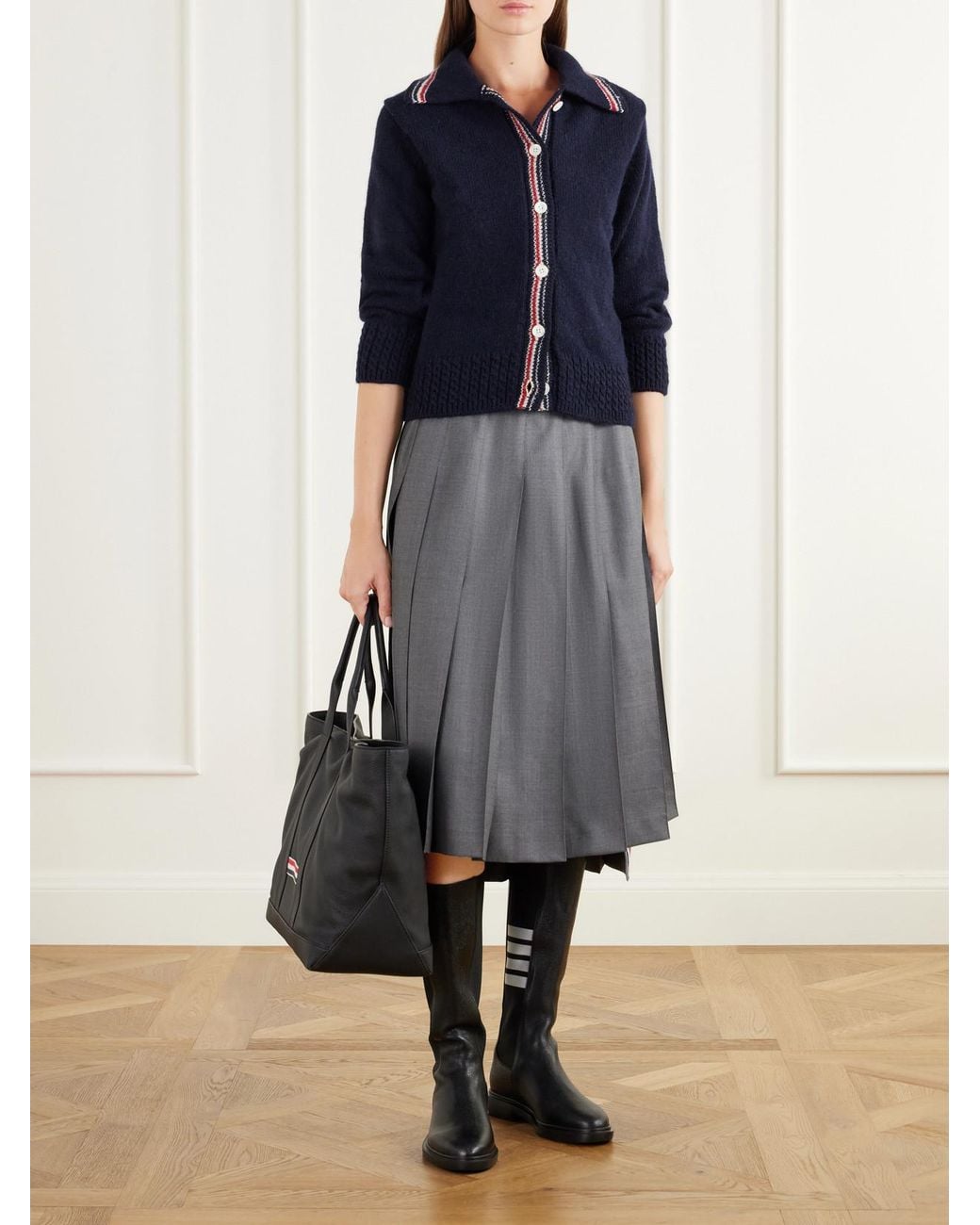 Thom Browne Black Tool Striped Grosgrain-Trimmed Full-Grain Leather Tote