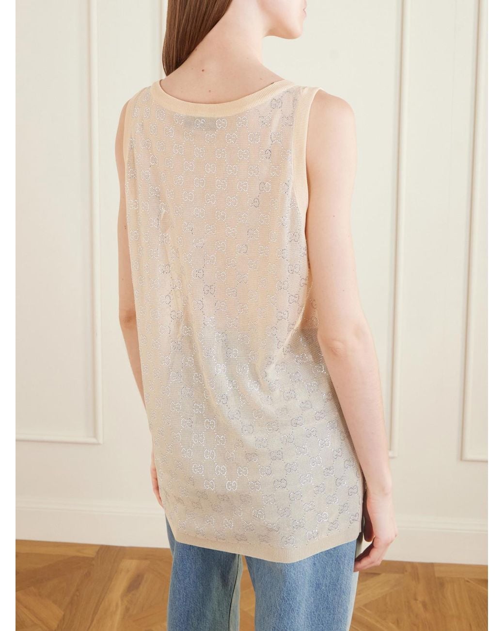 Gucci Natural Crystal-Embellished Knitted Silk Top