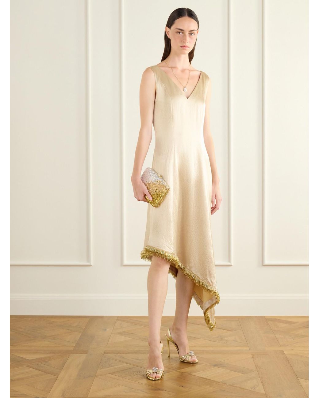 Abadia Natural Lynn Asymmetric Bead-Embellished Satin Midi Dress