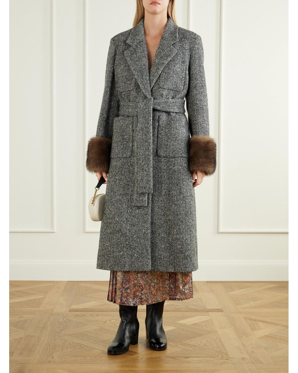 Valentino Garavani Gray Belted Shearling-Trimmed Herringbone Wool-Blend Coat