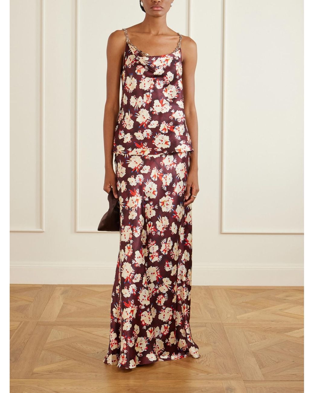 Rabanne White Chainmail-Embellished Floral-Print Silk Maxi Skirt