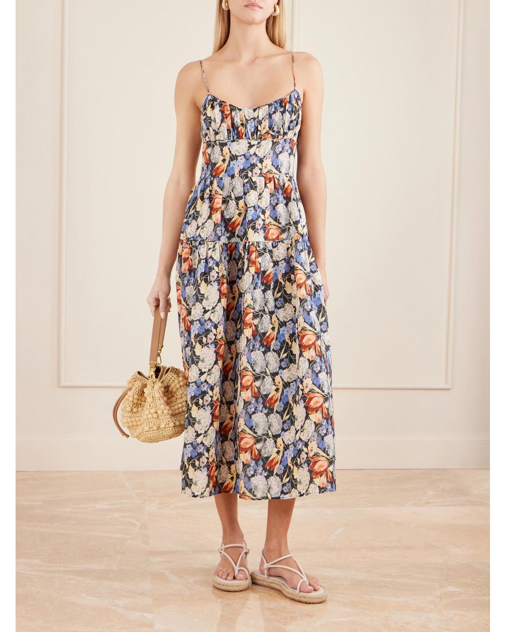 Doen White Benoit Tiered Gathered Floral-Print Ramie Midi Dress