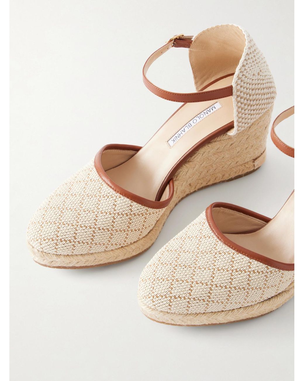 Manolo Blahnik Natural Espadrahi 90 Leather-Trimmed Canvas Espadrille Pumps