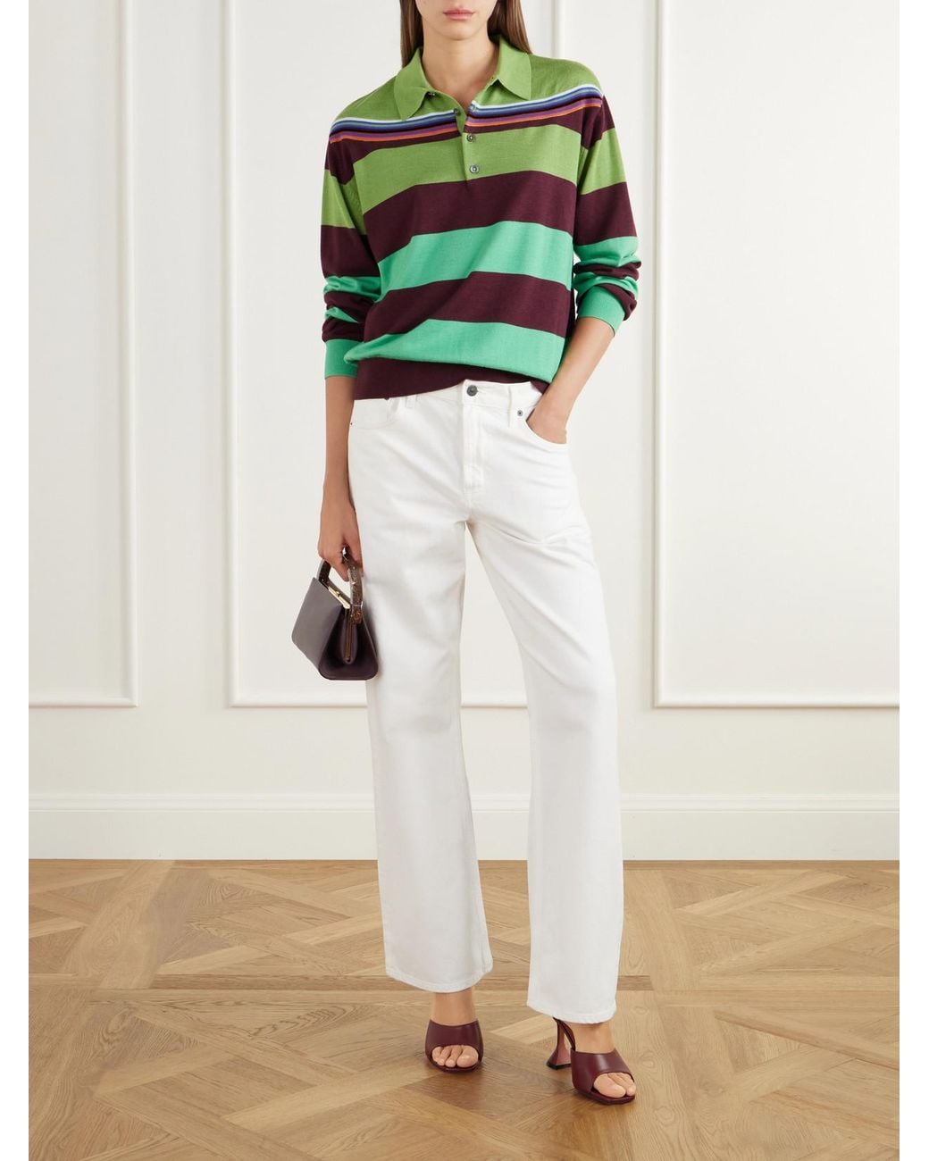 Christopher John Rogers Green Striped Wool And Silk Blend Polo Shirt