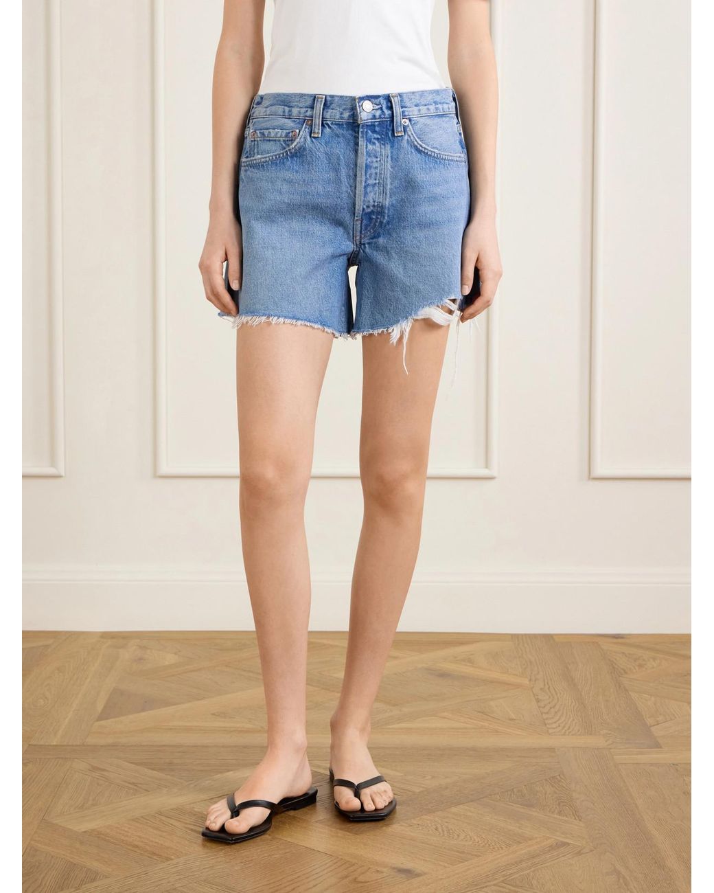 Agolde Blue Parker Long Distressed Denim Shorts