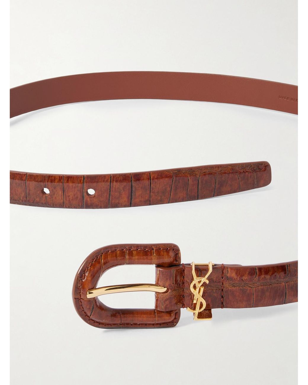 Saint Laurent Brown Cassandre Embellished Croc-Effect Leather Belt