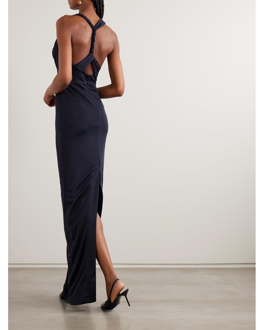 Rebecca Vallance Ayesha Draped Embellished Stretch Satin-Jersey Halterneck  Gown in Blue | Lyst