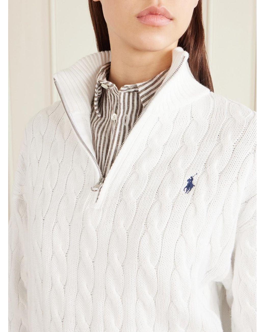 Polo Ralph Lauren White Embroidered Cable-Knit Cotton Half-Zip Sweater