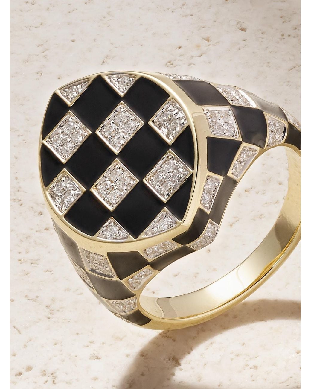 Yvonne Léon Natural Chevalière Marquise Damier 9-Karat, Diamond And Enamel Ring