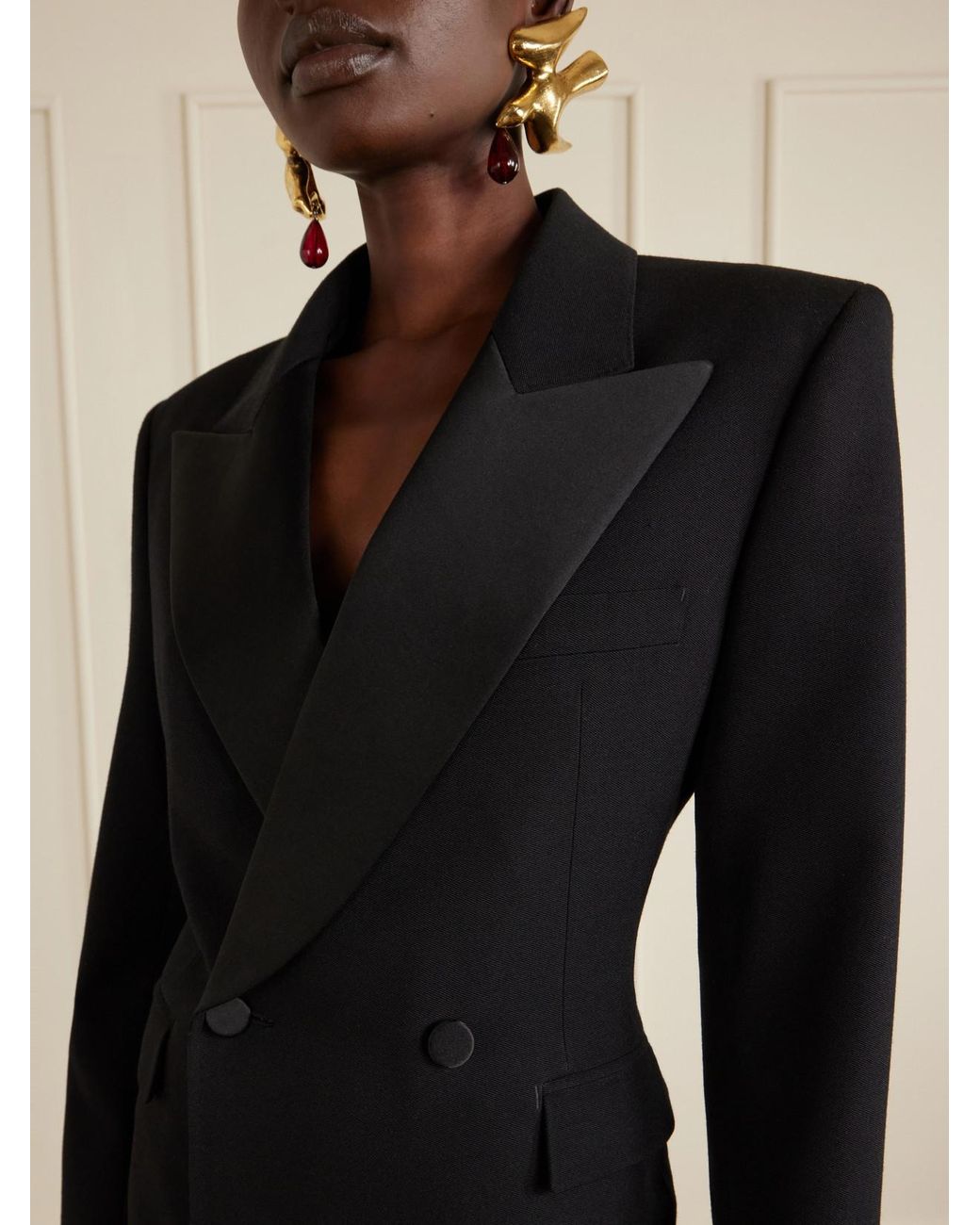 Saint Laurent Black Double-Breasted Satin-Trimmed Wool-Crepe Blazer