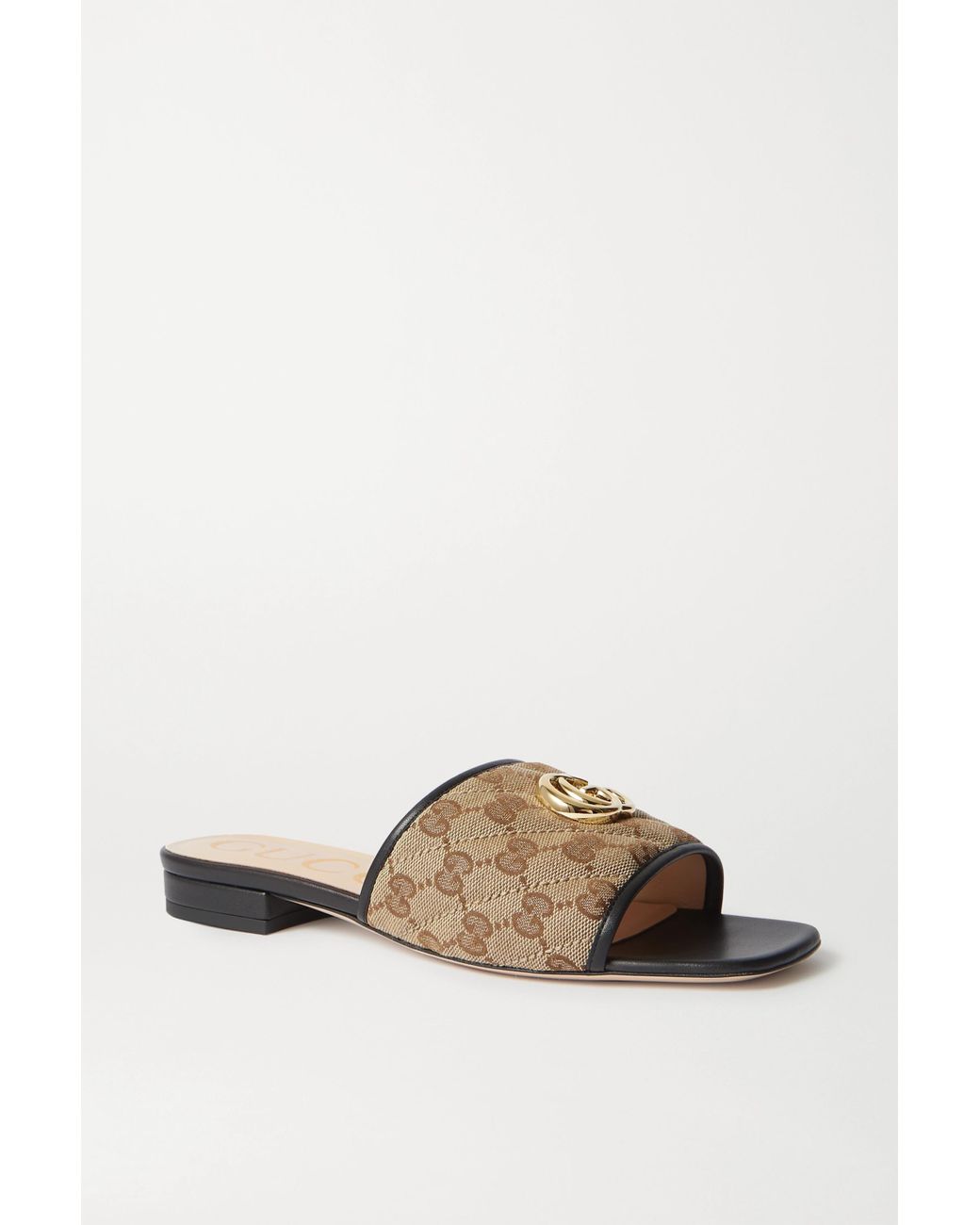 Gucci Jolie Leather-trimmed Embellished Logo-detailed Canvas Slides in Beige (Natural) - Lyst