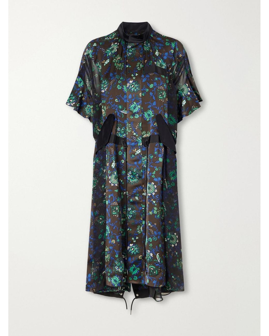 Sacai Green Floral-Print Satin Midi Dress