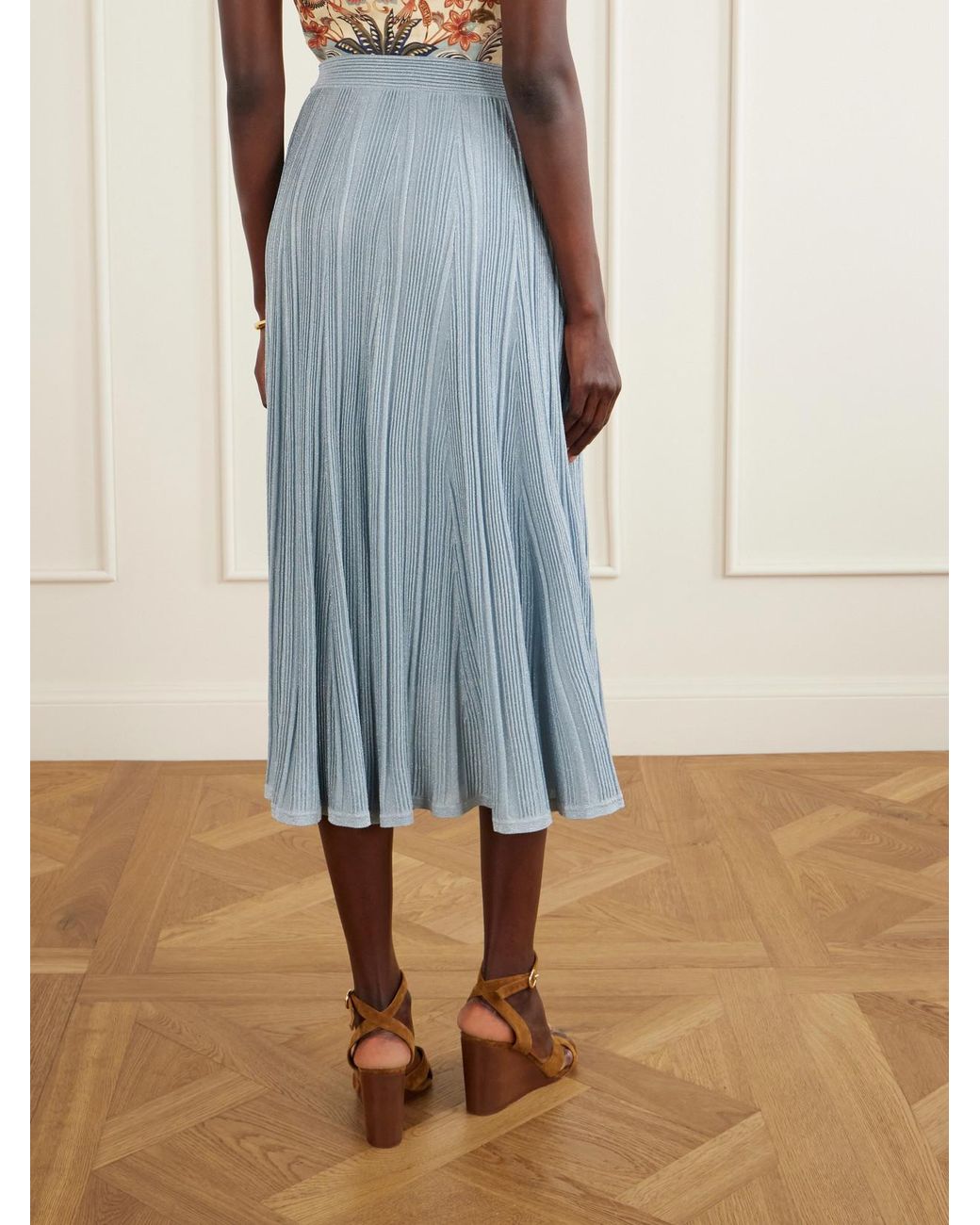 Zimmermann Blue Aster Metallic Ribbed-Knit Midi Skirt