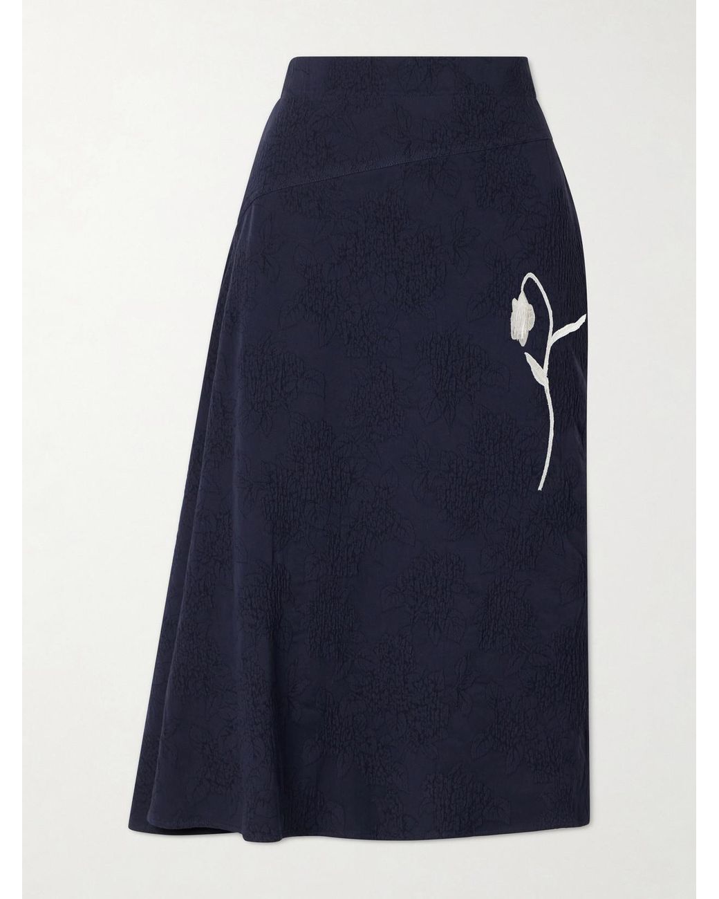 Erdem Blue Asymmetric Floral-Jacquard Cotton-Blend Midi Skirt