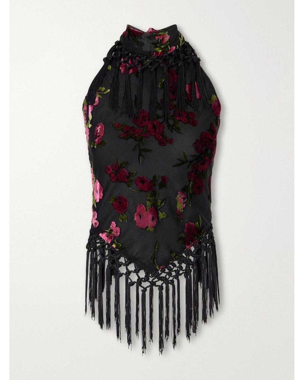 Anna Sui Black Floral-Flock Fringe-Trimmed Crepe Halterneck Top