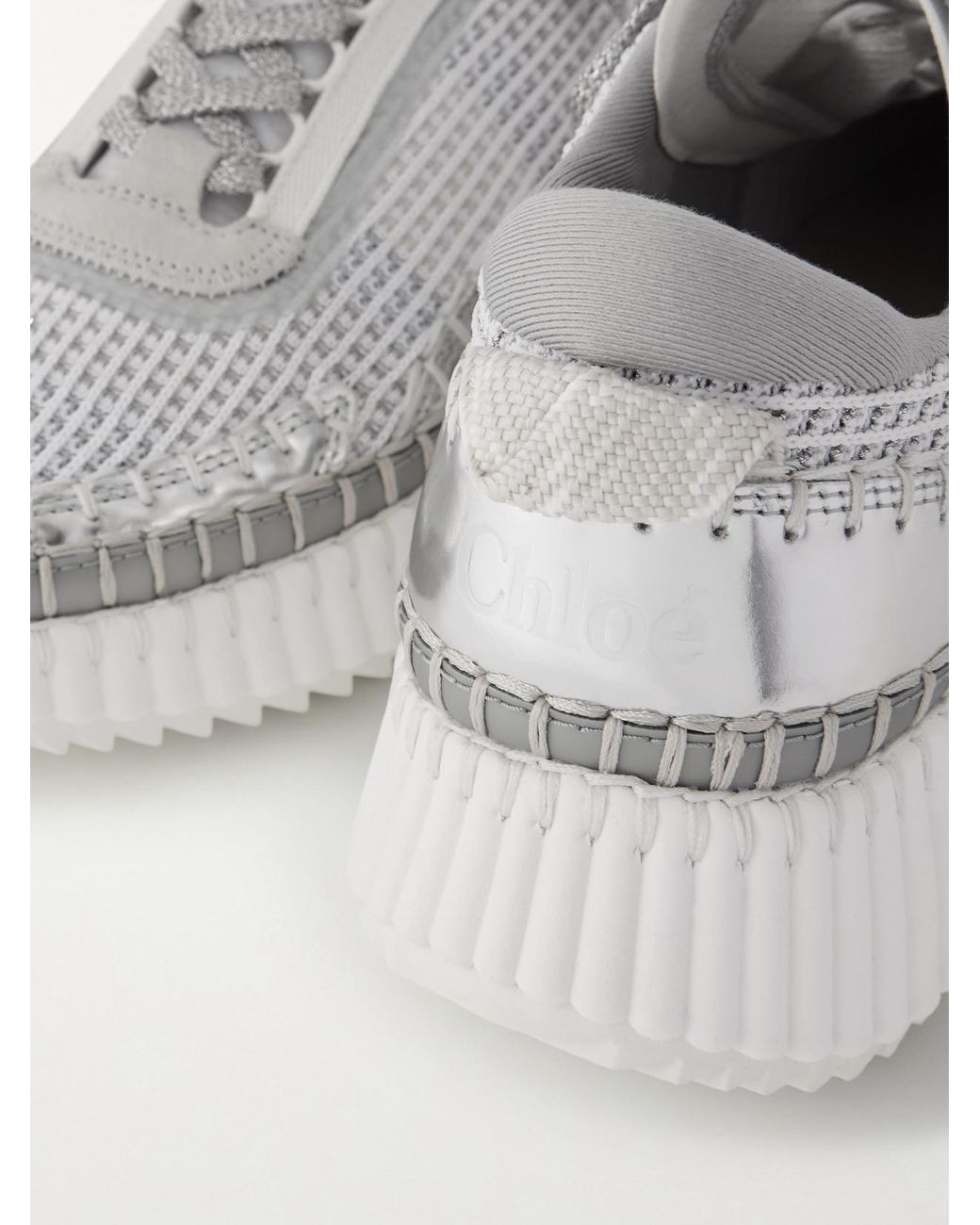 Chloé White Nama Metallic Leather-Trimmed Mesh Sneakers