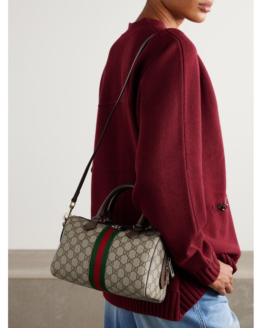 Gucci Natural Ophidia Textured Leather Coated Canvas-Jacquard Top-Handle Bag