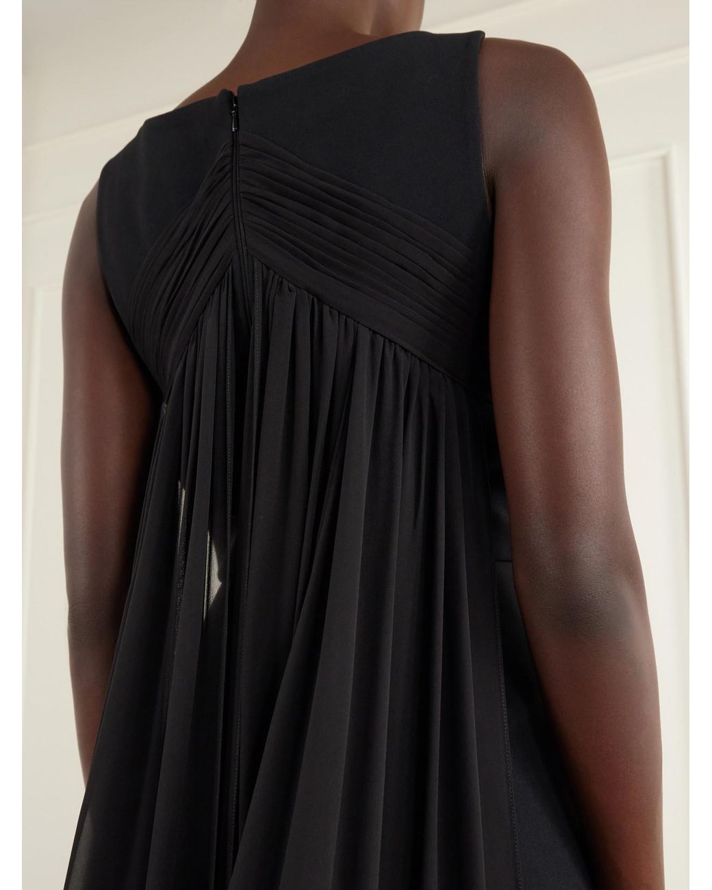 Elie Saab Black Ruched Chiffon-Trimmed Silk-Blend Cady Jumpsuit