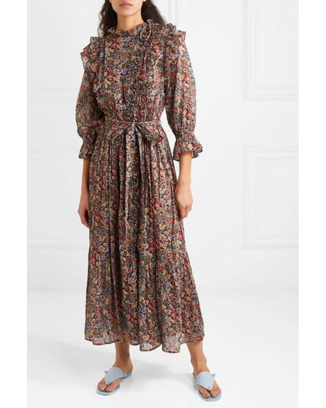 Doen Esme Ruffled Floral-print Cotton-voile Maxi Dress in Black | Lyst